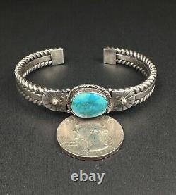 Vintage Navajo Blue Turquoise Sterling Silver Rope Cuff Bracelet Signed 31g #197