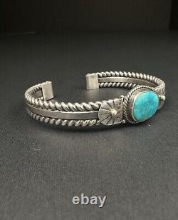 Vintage Navajo Blue Turquoise Sterling Silver Rope Cuff Bracelet Signed 31g #197