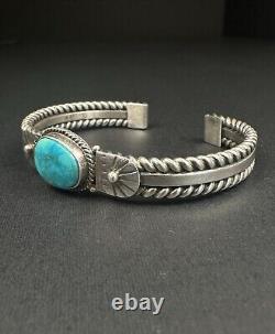 Vintage Navajo Blue Turquoise Sterling Silver Rope Cuff Bracelet Signed 31g #197