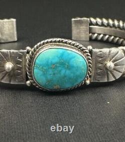 Vintage Navajo Blue Turquoise Sterling Silver Rope Cuff Bracelet Signed 31g #197