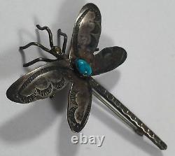 Vintage Navajo Indian Turquoise Sterling Silver Dragonfly Stampwork Pin Brooch