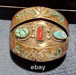 Vintage Navajo Inlaid Turquoise and Coral Silver Cuff Bracelet HIMJ