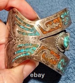 Vintage Navajo Inlaid Turquoise and Coral Silver Cuff Bracelet HIMJ