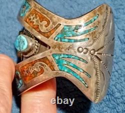 Vintage Navajo Inlaid Turquoise and Coral Silver Cuff Bracelet HIMJ