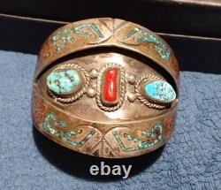 Vintage Navajo Inlaid Turquoise and Coral Silver Cuff Bracelet HIMJ