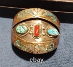 Vintage Navajo Inlaid Turquoise and Coral Silver Cuff Bracelet HIMJ