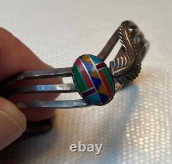 Vintage Navajo Multi-Stone Inlay Sterling Silver Bracelet, free shipping