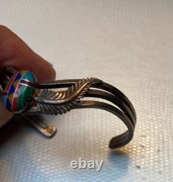 Vintage Navajo Multi-Stone Inlay Sterling Silver Bracelet, free shipping
