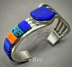 Vintage Navajo Native American Sterling Silver Multi Stone Inlay Cuff Bracelet