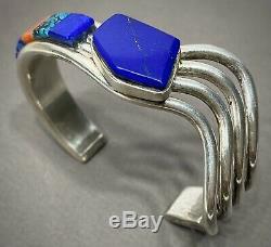 Vintage Navajo Native American Sterling Silver Multi Stone Inlay Cuff Bracelet