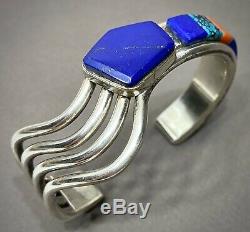 Vintage Navajo Native American Sterling Silver Multi Stone Inlay Cuff Bracelet