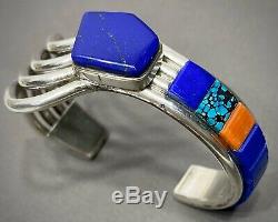 Vintage Navajo Native American Sterling Silver Multi Stone Inlay Cuff Bracelet