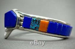 Vintage Navajo Native American Sterling Silver Multi Stone Inlay Cuff Bracelet