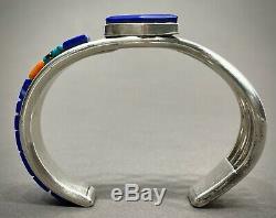 Vintage Navajo Native American Sterling Silver Multi Stone Inlay Cuff Bracelet