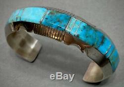 Vintage Navajo Native American Sterling Silver Turquoise Inlay Cuff Bracelet