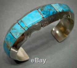 Vintage Navajo Native American Sterling Silver Turquoise Inlay Cuff Bracelet