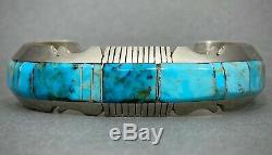 Vintage Navajo Native American Sterling Silver Turquoise Inlay Cuff Bracelet