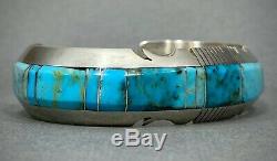 Vintage Navajo Native American Sterling Silver Turquoise Inlay Cuff Bracelet