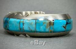 Vintage Navajo Native American Sterling Silver Turquoise Inlay Cuff Bracelet