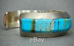 Vintage Navajo Native American Sterling Silver Turquoise Inlay Cuff Bracelet