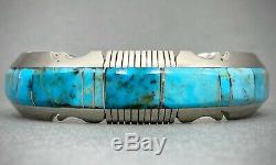 Vintage Navajo Native American Sterling Silver Turquoise Inlay Cuff Bracelet