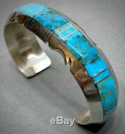 Vintage Navajo Native American Sterling Silver Turquoise Inlay Cuff Bracelet