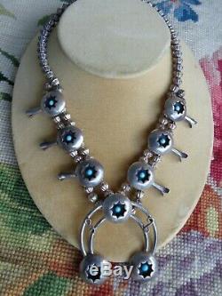 Vintage Navajo Native American Turquoise Cab Squash Blossom Silver Necklace