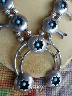 Vintage Navajo Native American Turquoise Cab Squash Blossom Silver Necklace