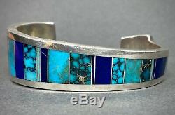 Vintage Navajo Native American Turquoise Lapis Inlay Bracelet Ray Tracey NICE