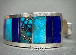 Vintage Navajo Native American Turquoise Lapis Inlay Bracelet Ray Tracey NICE