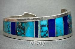 Vintage Navajo Native American Turquoise Lapis Inlay Bracelet Ray Tracey NICE