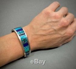 Vintage Navajo Native American Turquoise Lapis Inlay Bracelet Ray Tracey NICE