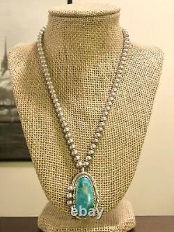 Vintage Navajo Roy Buck Sterling Silver Turquoise Pendant 6mm Bead Necklace 925