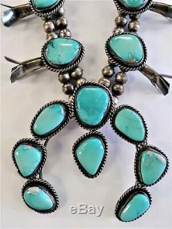 Vintage Navajo Silver Squash Blossom Necklace with Arizona Turquoise