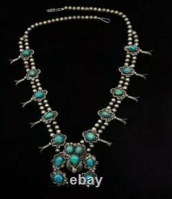 Vintage Navajo Squash Blossom Necklace Sterling Silver Stunning Turquoise 24