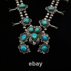 Vintage Navajo Squash Blossom Necklace Sterling Silver Stunning Turquoise 24