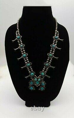 Vintage Navajo Squash Blossom Necklace Sterling Silver Stunning Turquoise 24