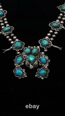 Vintage Navajo Squash Blossom Necklace Sterling Silver Stunning Turquoise 24