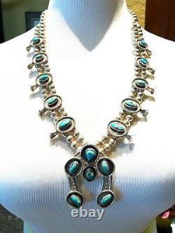 Vintage Navajo Sterling Silver Bisbee Blue Turquoise Squash Blossom 26 Necklace