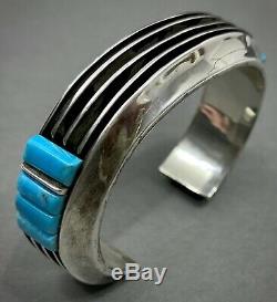 Vintage Navajo Sterling Silver Channel Turquoise Cobblestone Inlay Cuff Bracelet