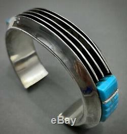 Vintage Navajo Sterling Silver Channel Turquoise Cobblestone Inlay Cuff Bracelet