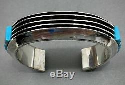 Vintage Navajo Sterling Silver Channel Turquoise Cobblestone Inlay Cuff Bracelet