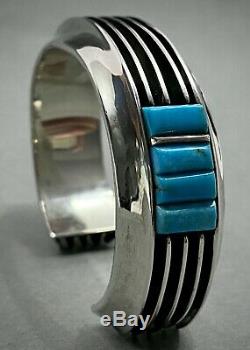 Vintage Navajo Sterling Silver Channel Turquoise Cobblestone Inlay Cuff Bracelet