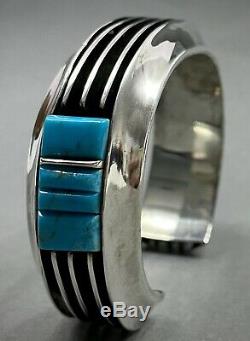 Vintage Navajo Sterling Silver Channel Turquoise Cobblestone Inlay Cuff Bracelet