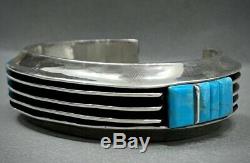 Vintage Navajo Sterling Silver Channel Turquoise Cobblestone Inlay Cuff Bracelet