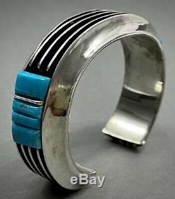 Vintage Navajo Sterling Silver Channel Turquoise Cobblestone Inlay Cuff Bracelet