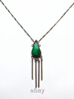 Vintage Navajo Sterling Silver Large Malachite Drop Pendant Necklace 18 In