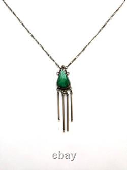 Vintage Navajo Sterling Silver Large Malachite Drop Pendant Necklace 18 In