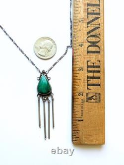 Vintage Navajo Sterling Silver Large Malachite Drop Pendant Necklace 18 In