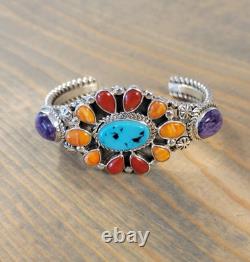 Vintage Navajo Sterling Silver Multi gemstone Cuff Signed JL Jones Latome